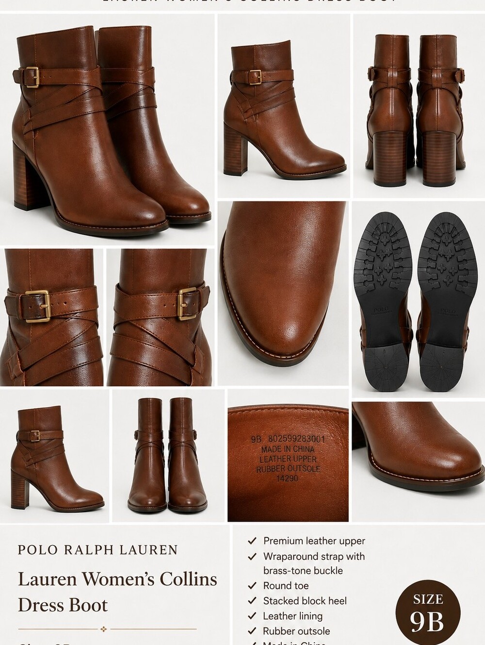 NIB Polo by Ralph Lauren Collins  Brown Leather Wrap-Strap Ankle Boots